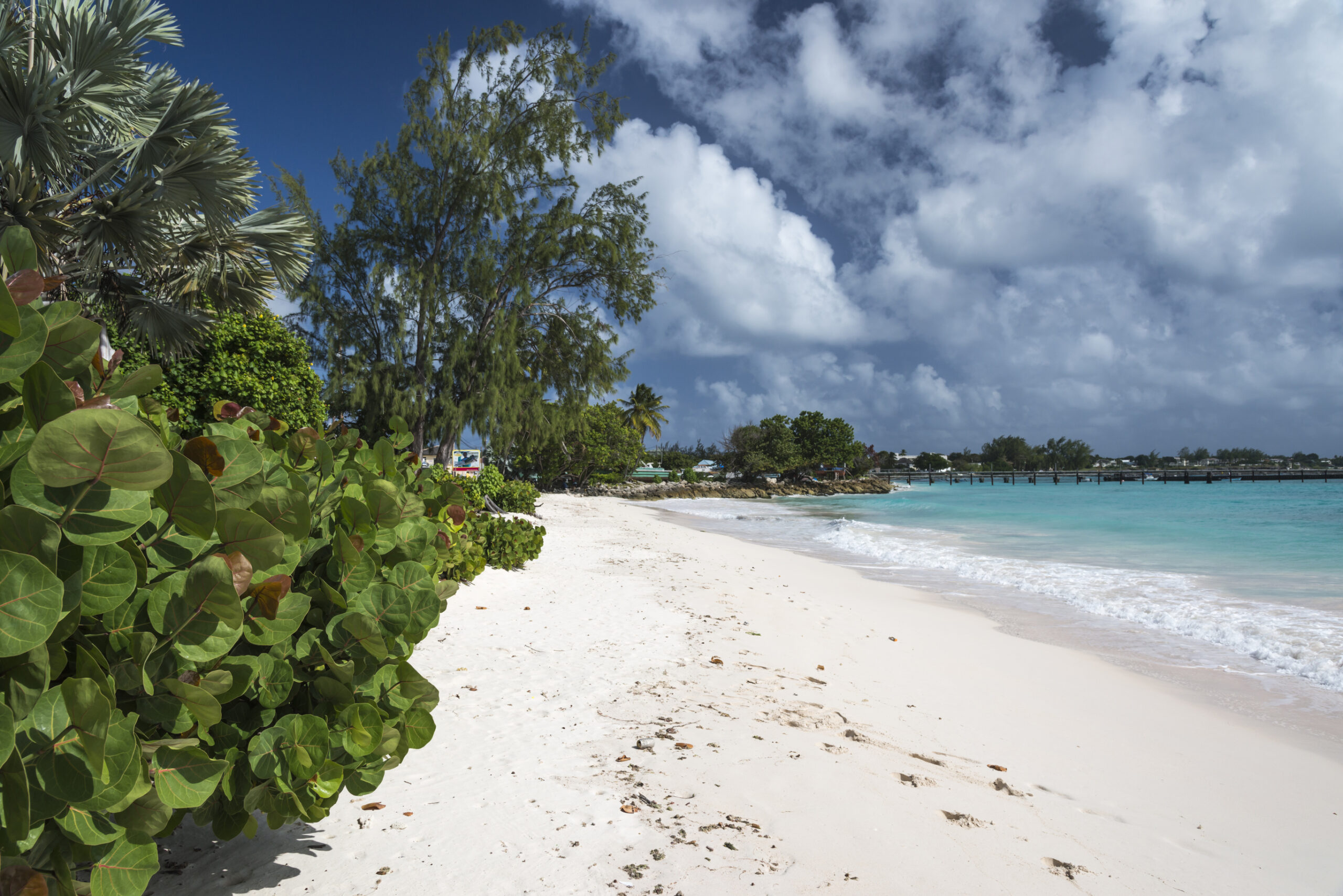 White sands of Welches Beach on the south coast of Barbados in the town of Oistins. 