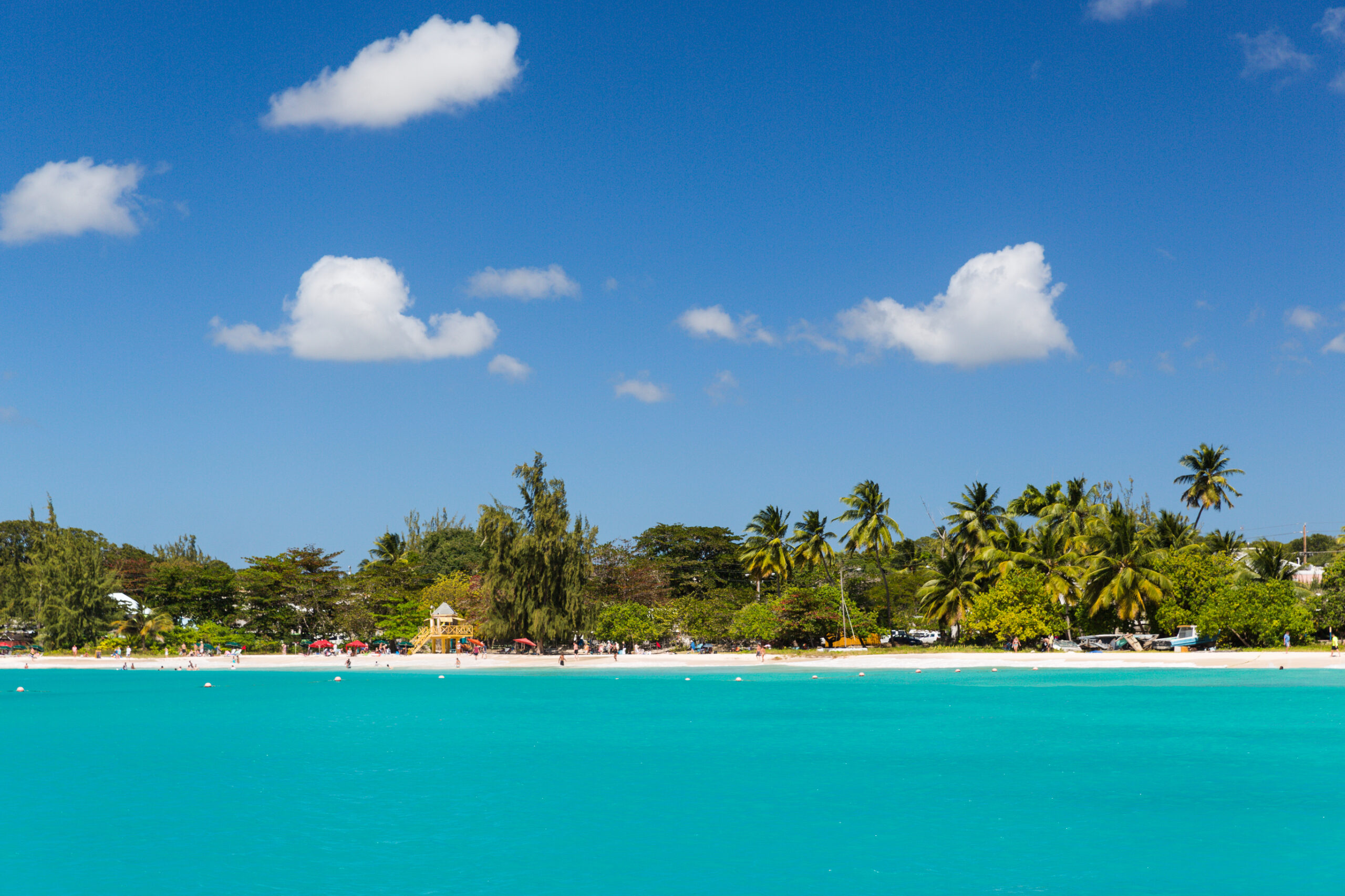 View of the Beach from a Catamaran in Carlisle Bay Barbados.