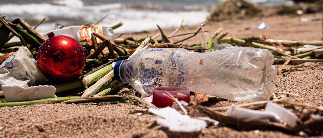 pile of trash on the shore of a beach