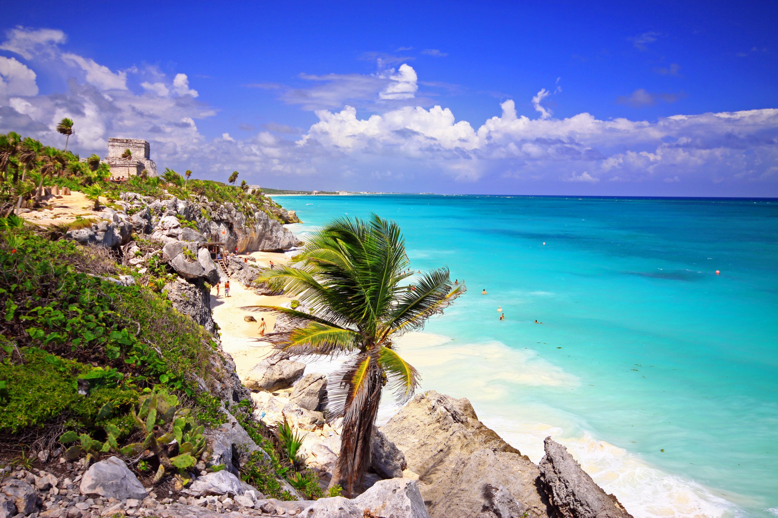 Tulum ruins over beach with palm. Tulum temple overlooking the beach. There is so much to see here and some fantastic views