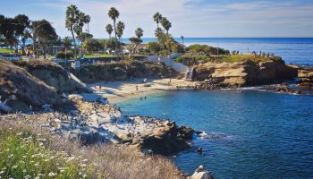 A sunny day in November at the La Jolla Cove, in La Jolla near San Diego, southern California, on the west coast of the United States on the Pacific Ocean.