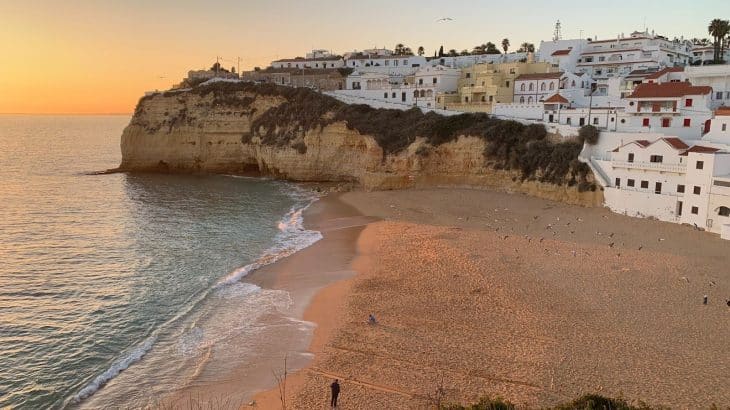 aerial of beach in Carvoeiro, Portugal during summer