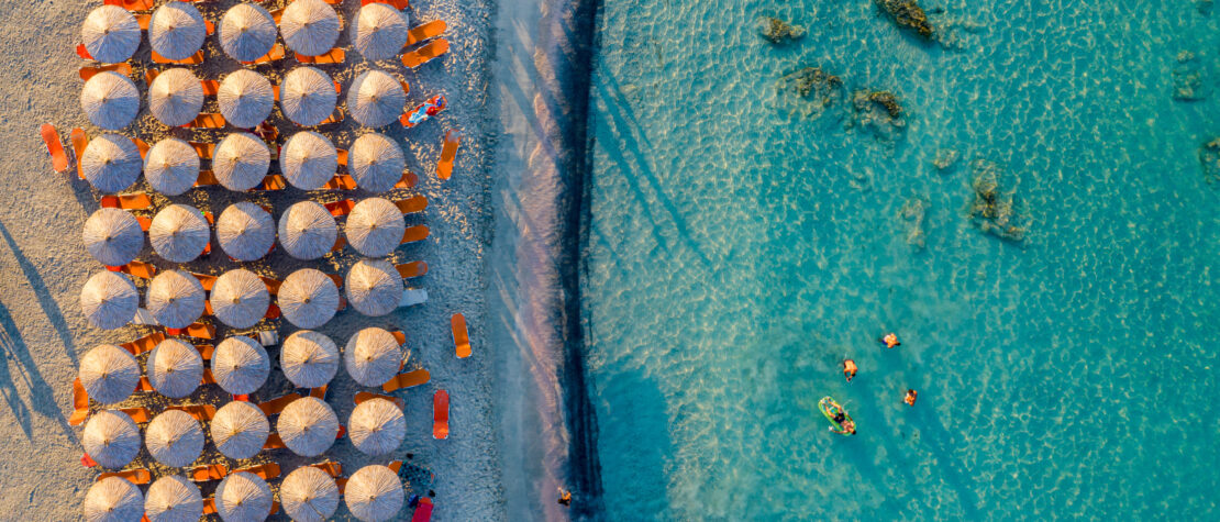 Aerial view of beautiful tropical Elafonissi Beach with pink sand.