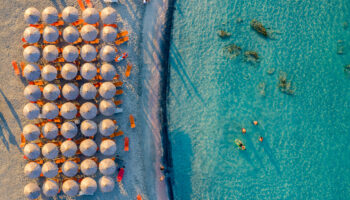 Aerial view of beautiful tropical Elafonissi Beach with pink sand.