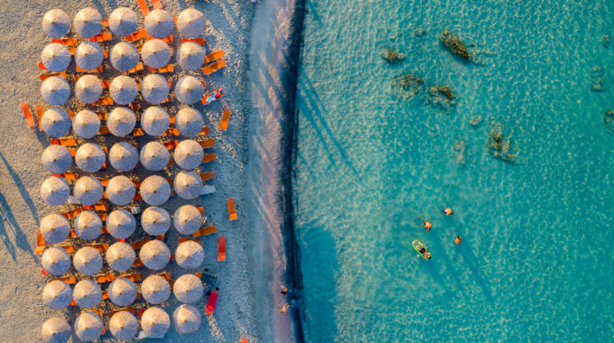 Aerial view of beautiful tropical Elafonissi Beach with pink sand.